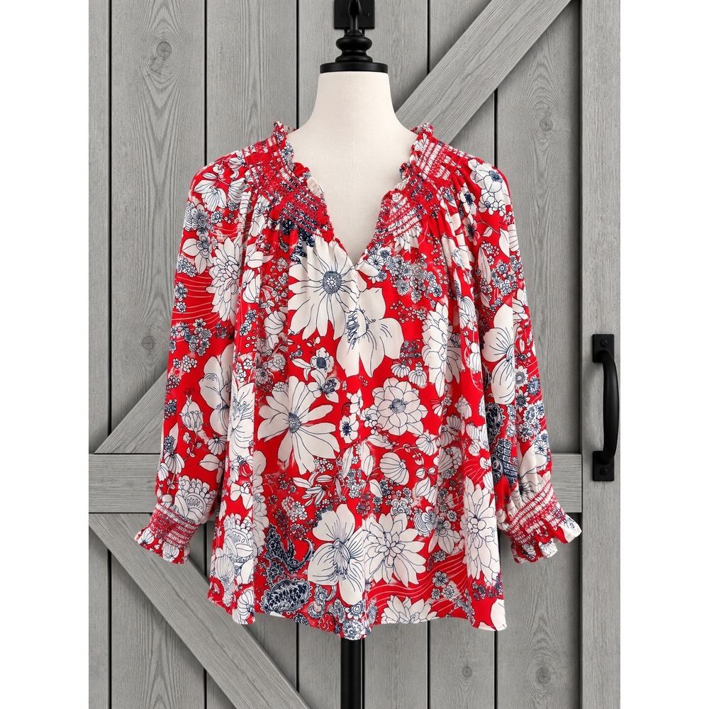 Talbots Plus Blouse 2X Red Floral Smocked V-Neck Long Sleeve Paisley